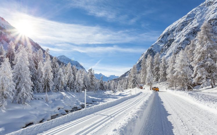 trees, Hills, Winter, Snow, Road, Car HD Wallpaper Desktop Background