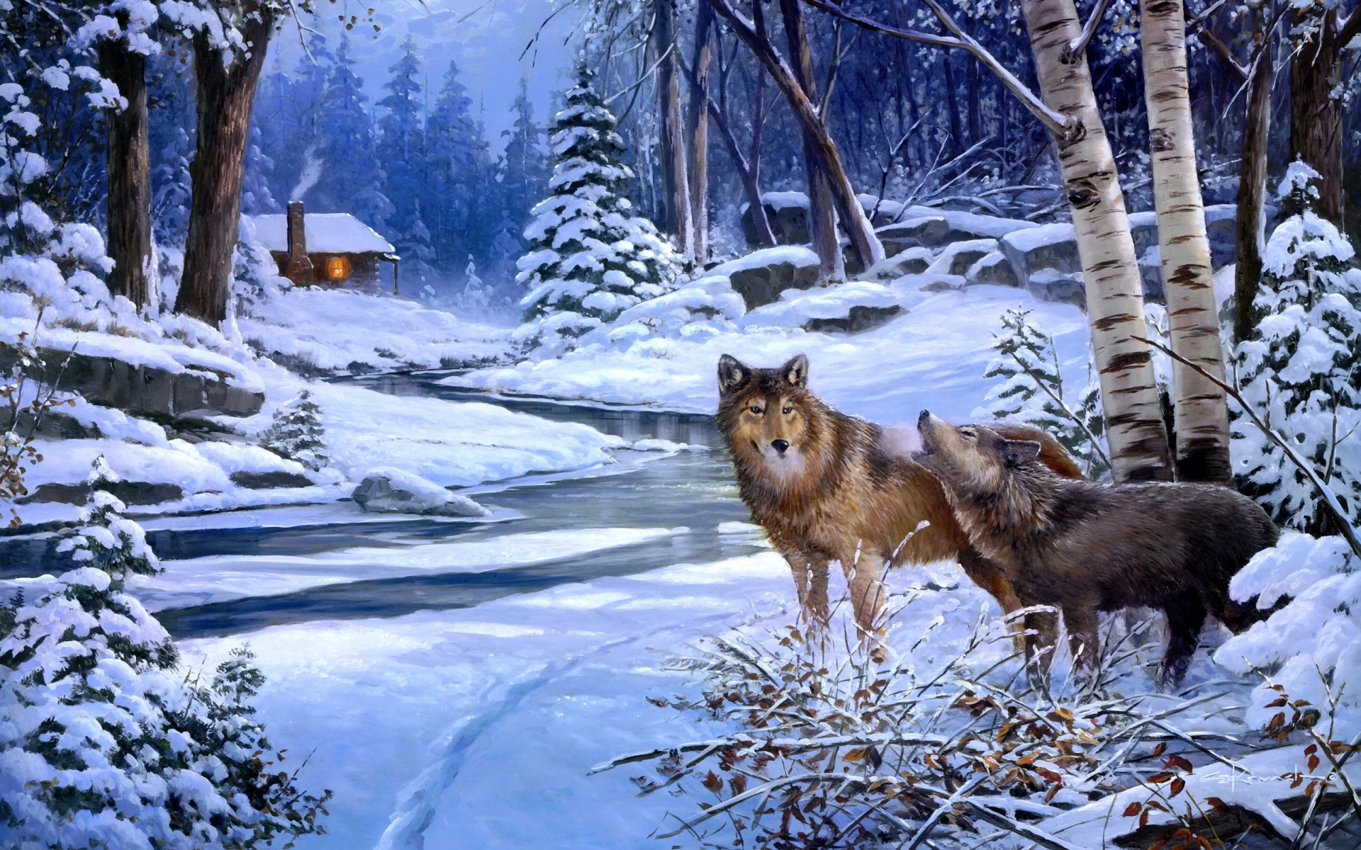 wolves, Wolf, Art, Paintings, Landscapes, Winter, Snow, Rivers, Cabin, Houses, Rustic, Trees, Forest, Woods Wallpaper