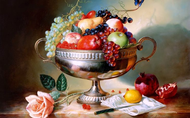 art, Paintings, Still, Life, Fruit, Apples, Berry, Grapes HD Wallpaper Desktop Background