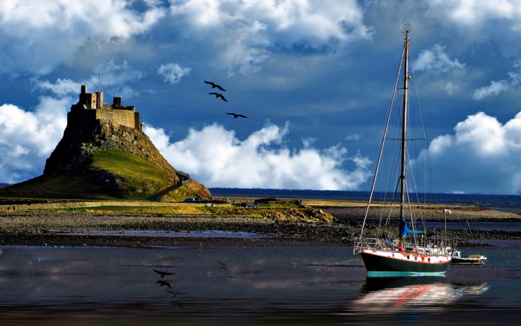 sailing, Boats, Sky, Clouds, Castle, Birds HD Wallpaper Desktop Background