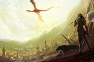 dragons, Landscapes, Cities, Women, Girl, Elf, Wolf, Wolves