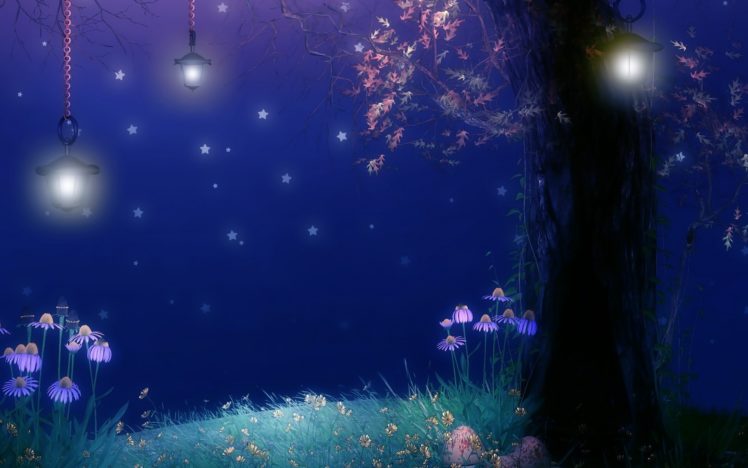 fantasy, Landscapes, Art, Soft, Night, Flowers, Trees, Dream, Sky, Stars, Cute, Lamp, Light HD Wallpaper Desktop Background