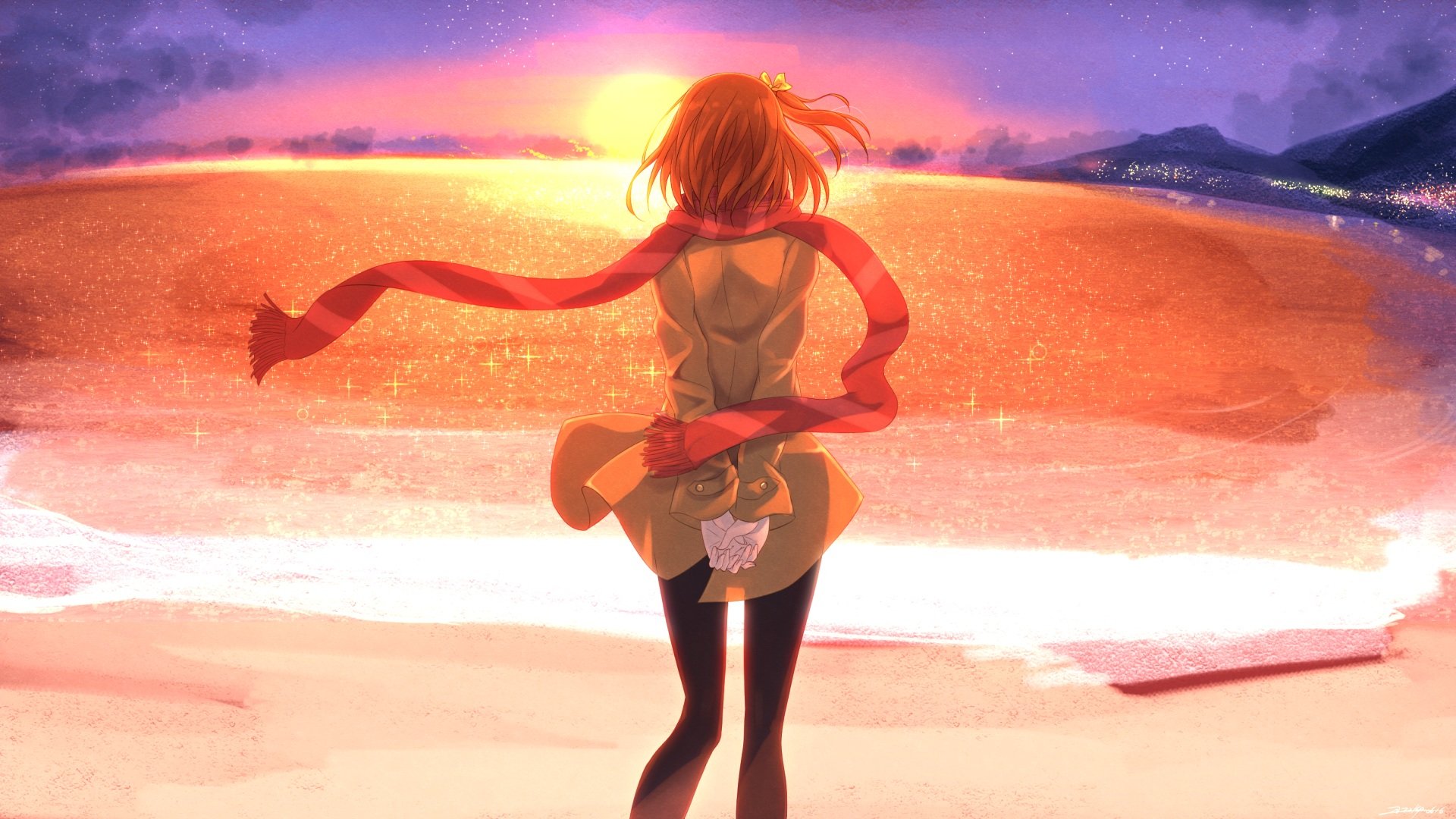 beach, Kousaka, Honoka, Love, Live , School, Idol, Project, Scarf, Sunset, Swordsouls Wallpaper