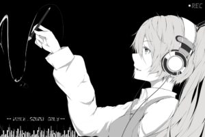 hatsune, Miku, Headphones, Long, Hair, Marumoru, Monochrome, Twintails, Vocaloid