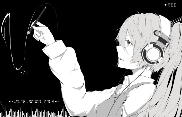 hatsune, Miku, Headphones, Long, Hair, Marumoru, Monochrome, Twintails, Vocaloid HD Wallpaper Desktop Background