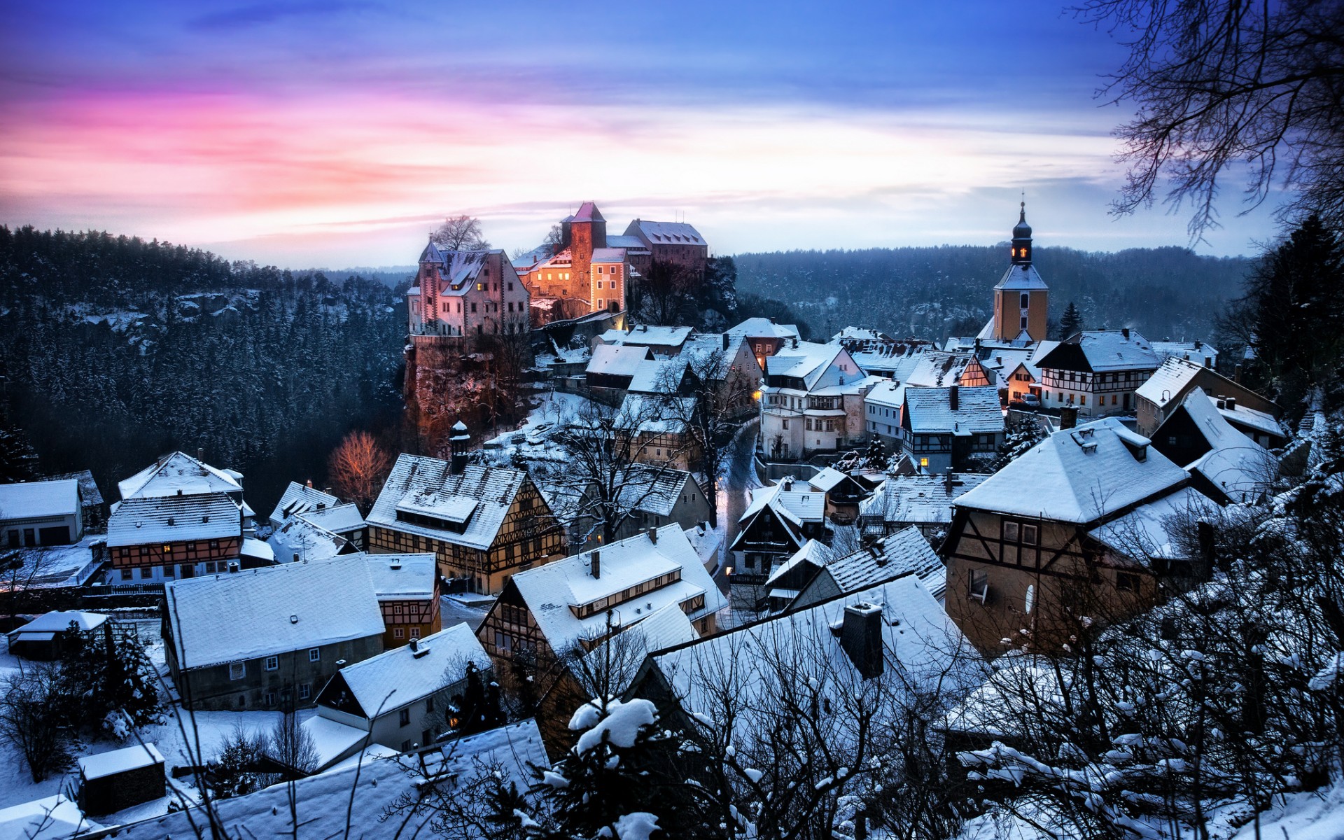 germany, Saxony, Honshtayn, Castle, Fort, Architecture, Cities, Sky, Sunset, Sunrise, Winter, Snow, Buildings, Mountains Wallpaper