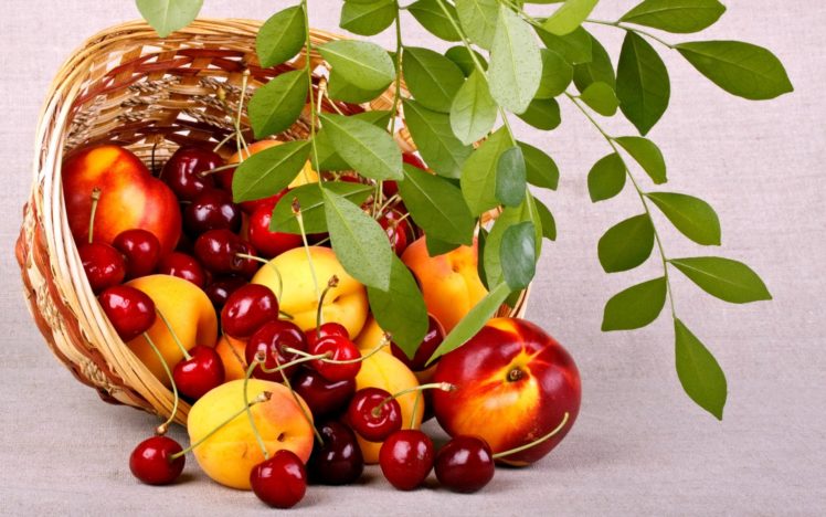 fruits, Berries, Food, Peaches, Cherries, Basket, Leaves HD Wallpaper Desktop Background