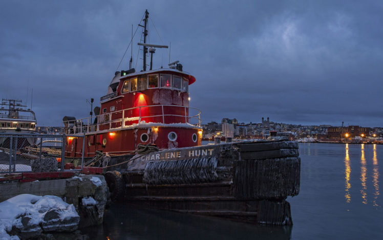 vehicles, Ship, Boat, Tug, Rivers, Cities, Sky HD Wallpaper Desktop Background