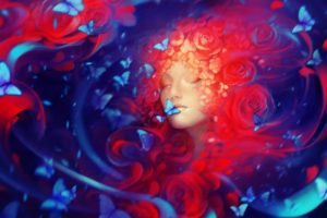 cg, Digital, Art, Fantasy, Butterfly, Surreal, Face, Redhead, Women, Females, Girl, Color, Red, Blue, Mood