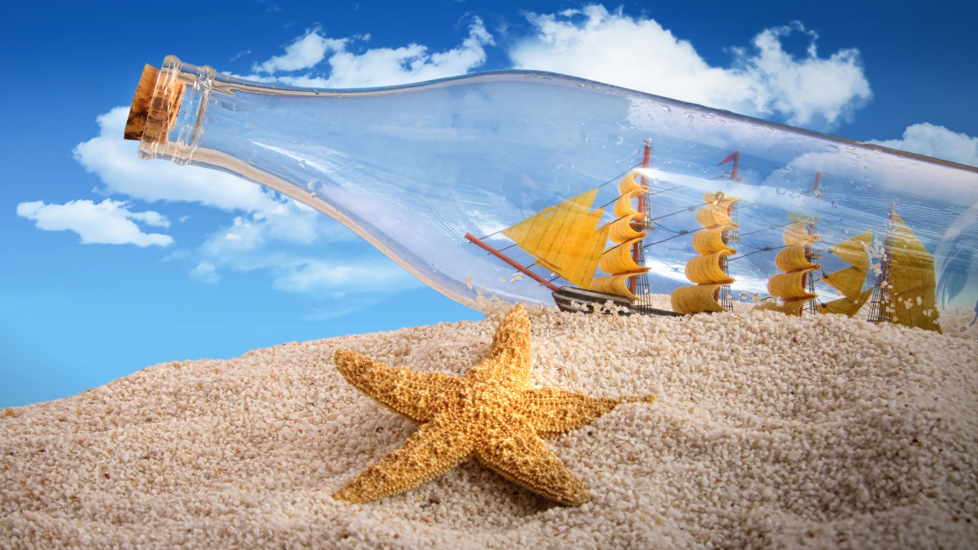 sand, Starfish, Bottle, Cork, Ship, Sail, Sky, Clouds, Creative, Beaches, Bokeh, Glass, Tropical, Toys, Model Wallpaper