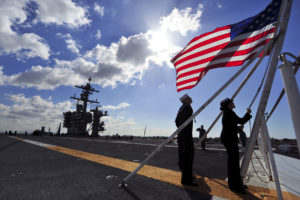 aircraft, Carrier, Sunlight, Clouds, Flag, American, Flag, Vehicles, Ships, Boats, Warriors, Soldiers, Navy, People, Men, Women, Males, Females, Sky, Clouds, Sunlight