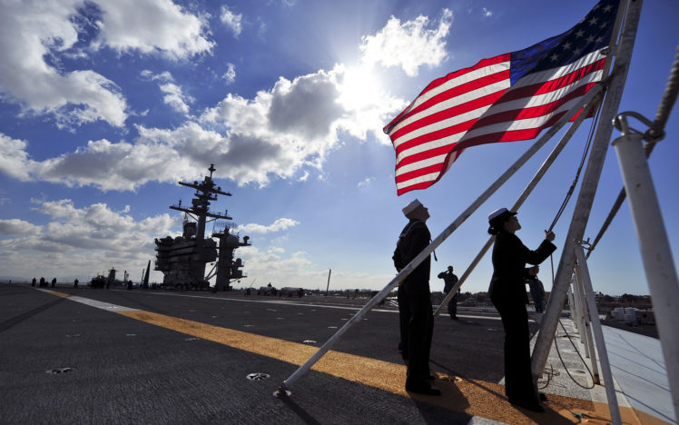 aircraft, Carrier, Sunlight, Clouds, Flag, American, Flag, Vehicles, Ships, Boats, Warriors, Soldiers, Navy, People, Men, Women, Males, Females, Sky, Clouds, Sunlight HD Wallpaper Desktop Background