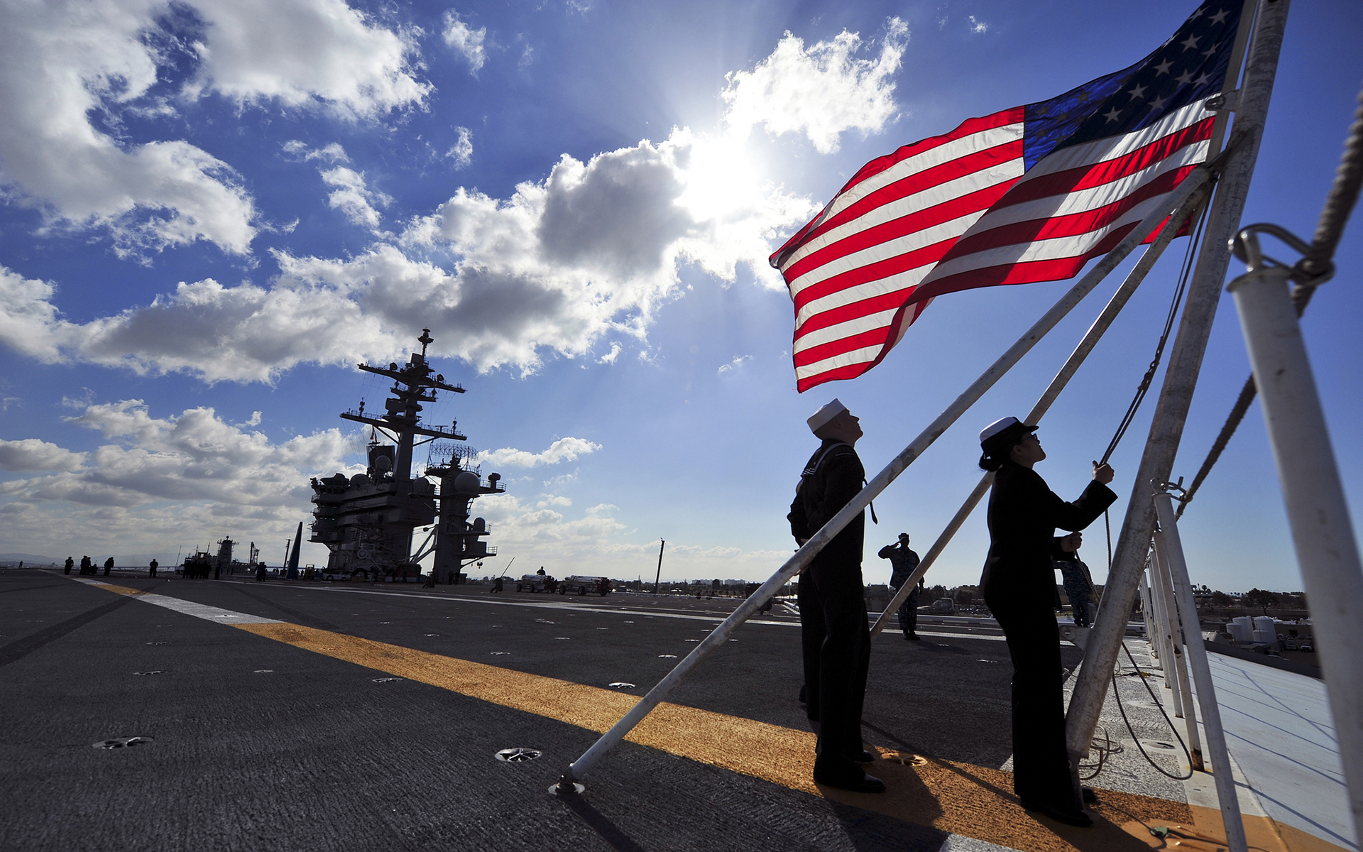 aircraft, Carrier, Sunlight, Clouds, Flag, American, Flag, Vehicles, Ships, Boats, Warriors, Soldiers, Navy, People, Men, Women, Males, Females, Sky, Clouds, Sunlight Wallpaper