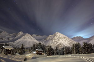 houses, Buildings, Architecture, Cabins, Nature, Landscapes, Winter, Snow, Trees, Mountains, Sky, Stars, Night, Lights, Moonlight