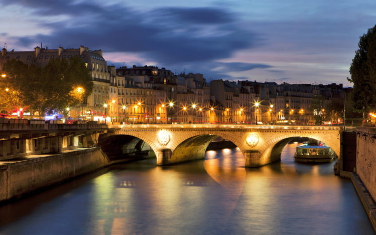 france, Bridge, River, Seine, Paris, World, Places, Cities, Night, Lights, Sky, Clouds, Sunrise, Sunset, Boats, Roads HD Wallpaper Desktop Background