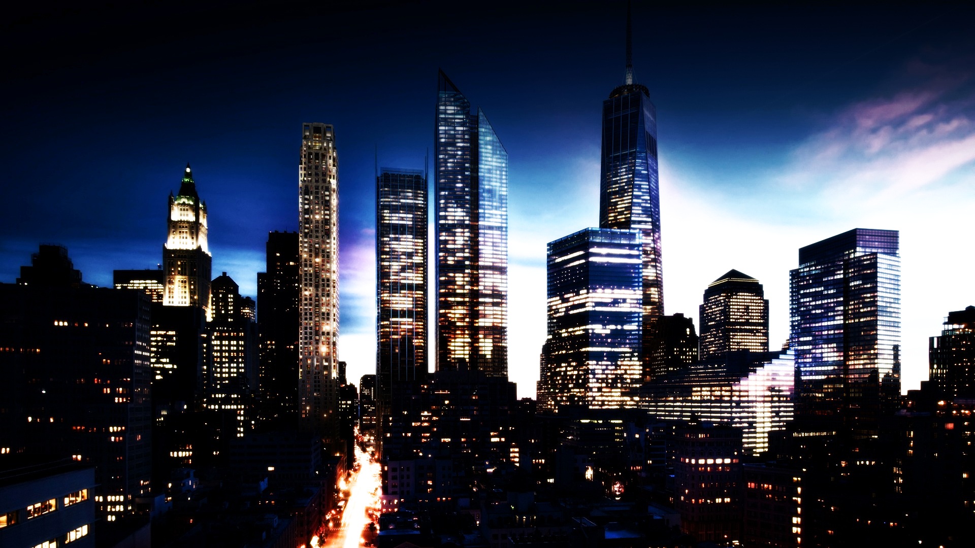 new, York, Buildings, Skyscrapers, Manhattan, World, Cities, Skyline, Cityscape, Night, Lights, Sunset, Sunrise, Sky, Roads Wallpaper