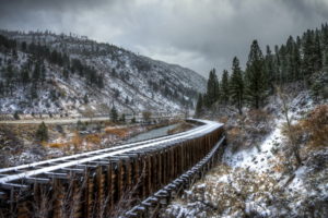 railroad, Railway, Train, Tracks, Bridges, Architecture, Nature, Landscapes, Trees, Winter, Snow, Sky, Clouds, Roads