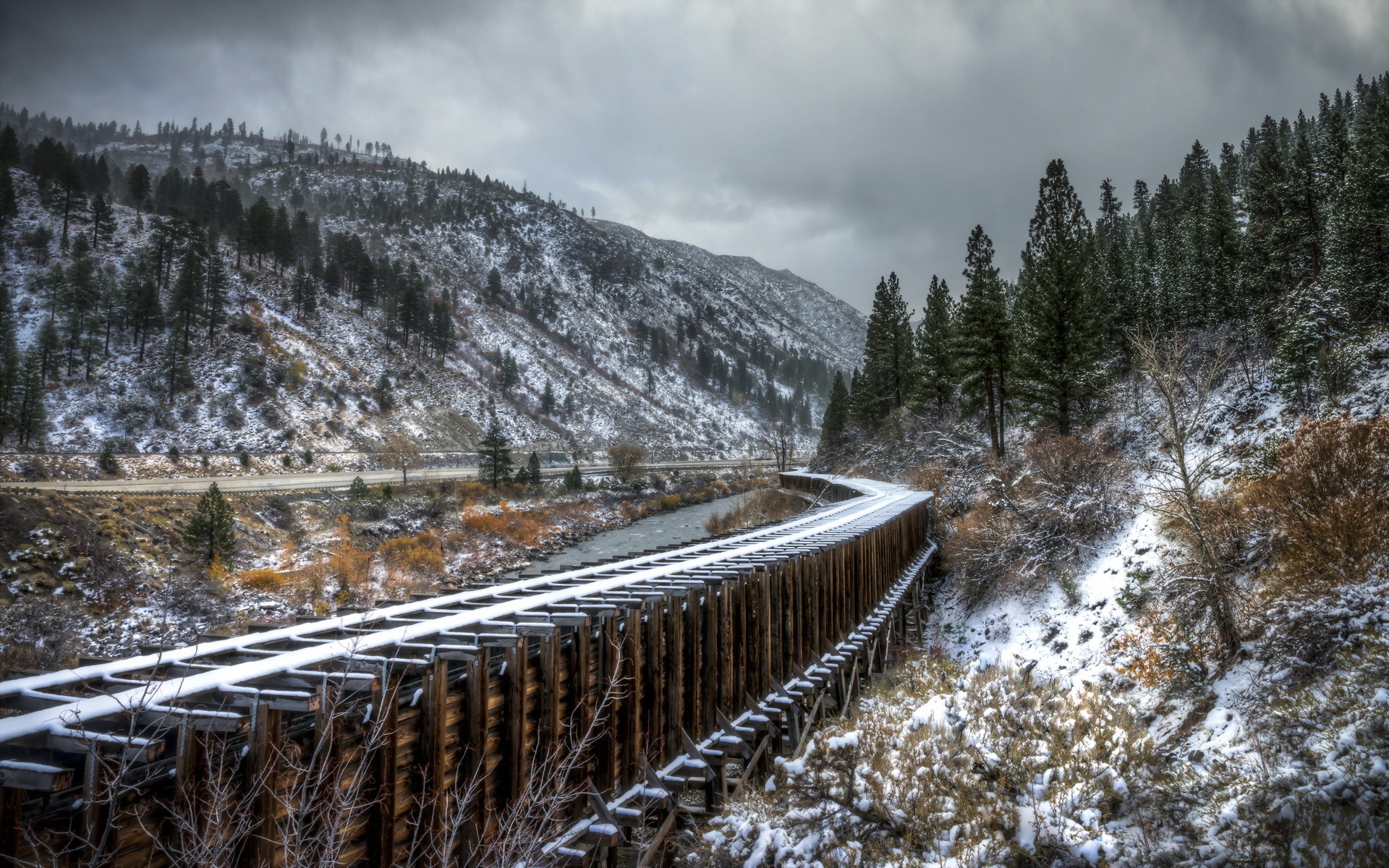 railroad, Railway, Train, Tracks, Bridges, Architecture, Nature, Landscapes, Trees, Winter, Snow, Sky, Clouds, Roads Wallpaper