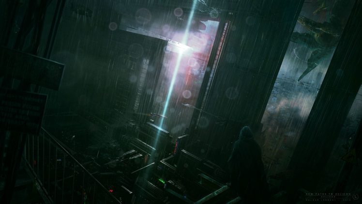 rain, Storm, Sci fi, Futuristic, Cities, Dark, Mech, People, Figure, Vehicles, Aircraft, Cg, Digital, Art HD Wallpaper Desktop Background