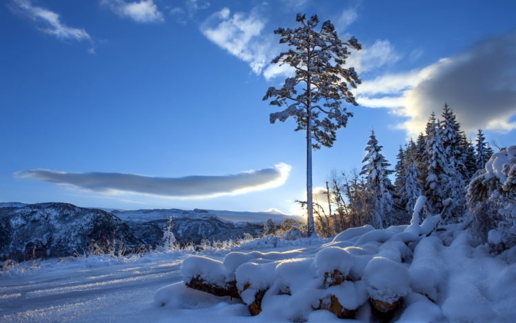 roads, Nature, Landscapes, Mountains, Trees, Winter, Snow, Hill, Sky, Clouds, Sunset, Sunrise HD Wallpaper Desktop Background