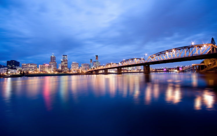 united, States, Oregon, Portland, World, Places, Rivers, Night, Lights, Reflection, Sky, Clouds, Cities, Buildings, Skyscrapers, Bridges HD Wallpaper Desktop Background
