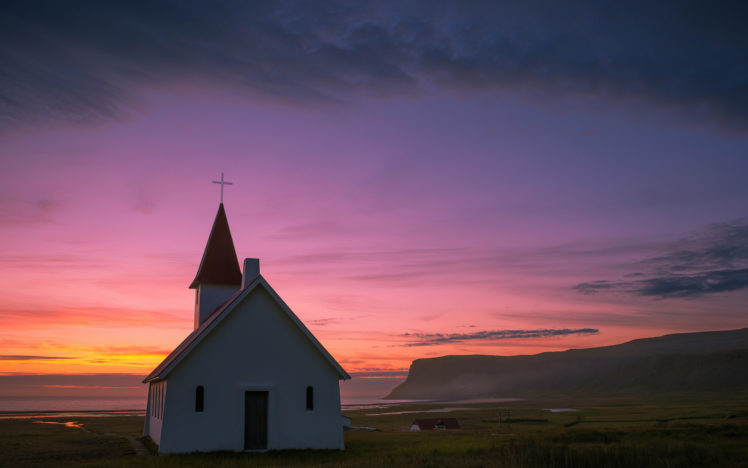 iceland, Nature, Landscapes, Coast, Shore, Cliff, Hill, Village, Town, Architecture, Buildings, Church, Steeple, Cross, Sky, Sunset, Sunrise, Clouds, Ocean, Sea HD Wallpaper Desktop Background