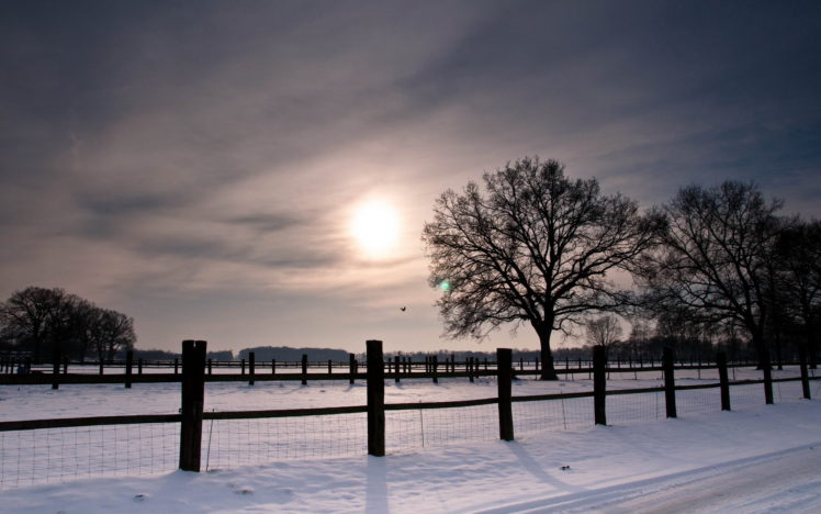 roads, Nature, Landscapes, Winter, Snow, Fence, Fields, Trees, Sunset, Sunrise, Sky, Clouds HD Wallpaper Desktop Background