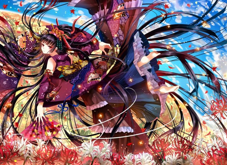 origal, Anime, Art, Nekozuki, Yuki, Girl, Flowers, Fan, Kimono, Vector HD Wallpaper Desktop Background