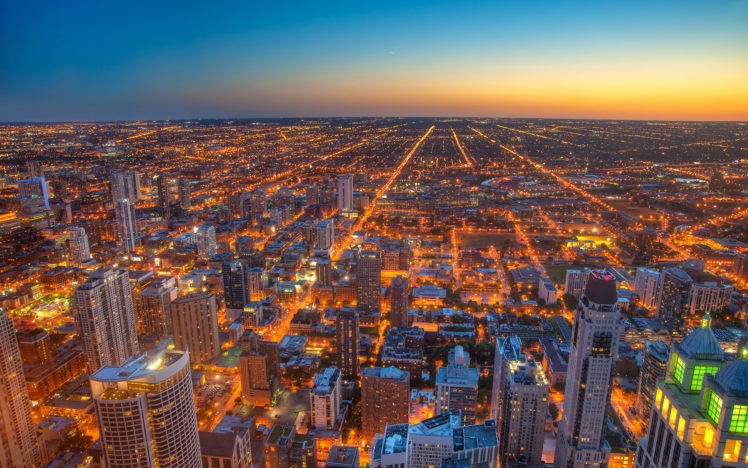 chicago, World, Cities, Architecture, Buildings, Skyscrapes, Hdr, Lights, Roads, Cityscape, Skyline, Sky, Sunset, Sunrise HD Wallpaper Desktop Background