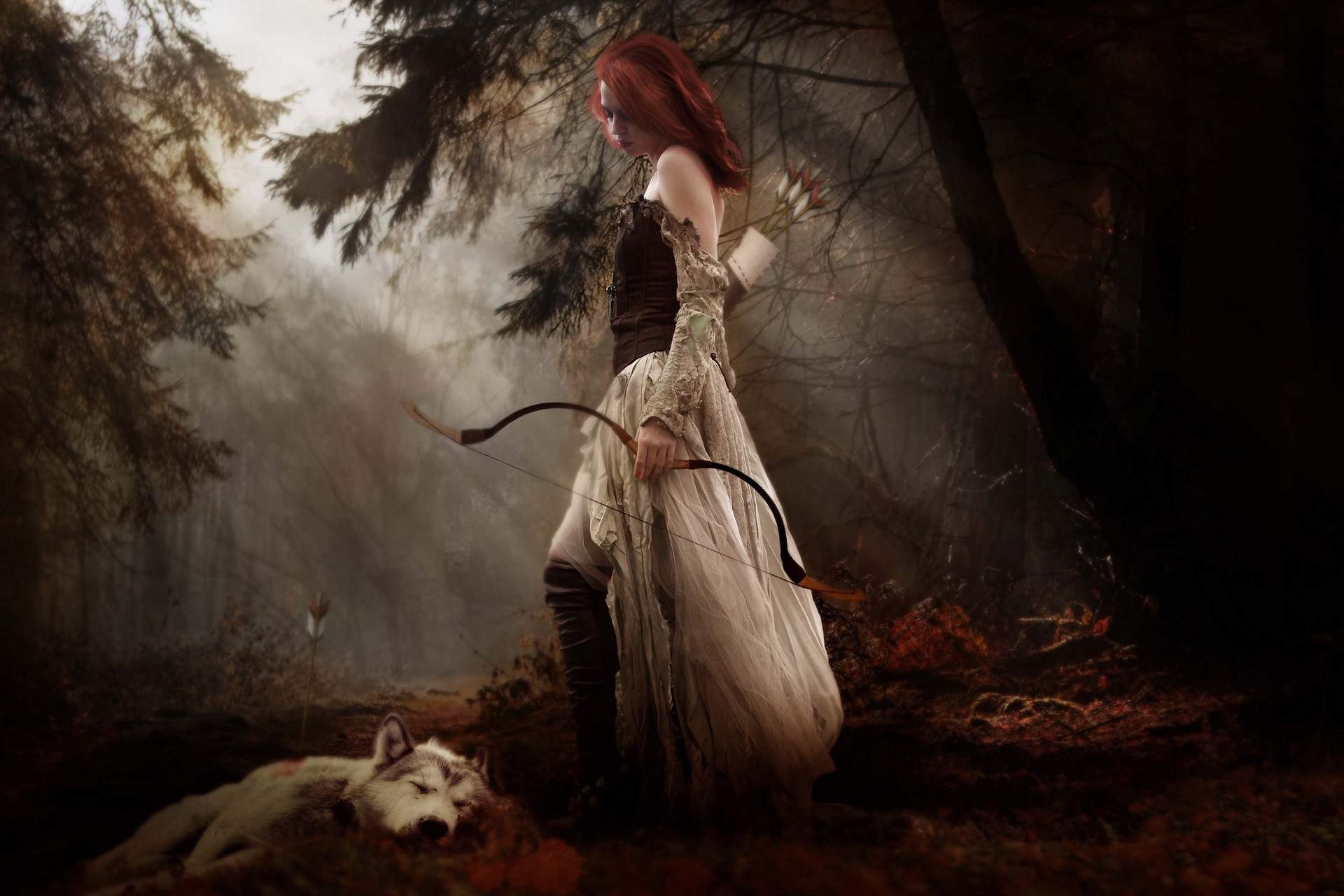 fantasy, Cg, Digital, Art, Manipulation, Mood, Women, Females, Girls, Redheads, Babes, Gothic, Weapons, Bow, Arcger, Gown, Nature, Trees, Forest, Woods, Fog, Animals, Wolf, Wolves Wallpaper