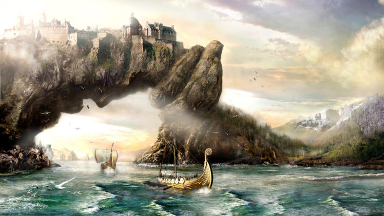 fantasy, Art, Vikings, Sailing, Boats, Ships, Landscapes, Paintings, Mountains HD Wallpaper Desktop Background