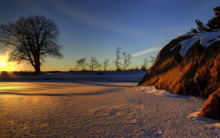sparkle, Nature, Landscapes, Trees, Winter, Snow, Rock, Stone, Sunrise, Sunset, Sky, Hdr HD Wallpaper Desktop Background