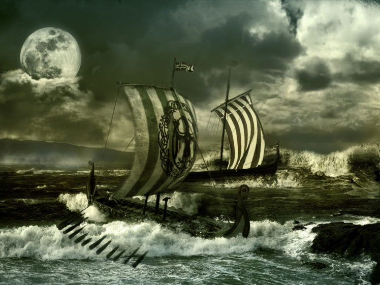 ocean, Sea, Water, Waves, Storm, Sailing, Ships, Boats, Vikings, Fantasy, Manipulations, Cg, Digital, Art HD Wallpaper Desktop Background