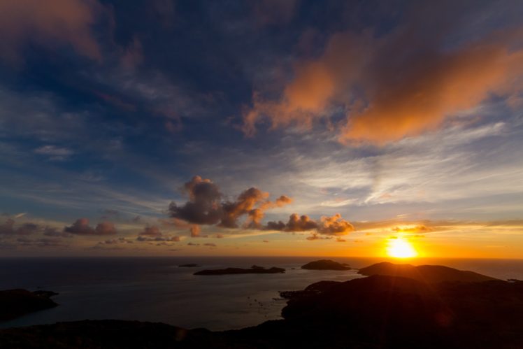 evening, Horizon, Sunset, Islets, Sea, Boats HD Wallpaper Desktop Background