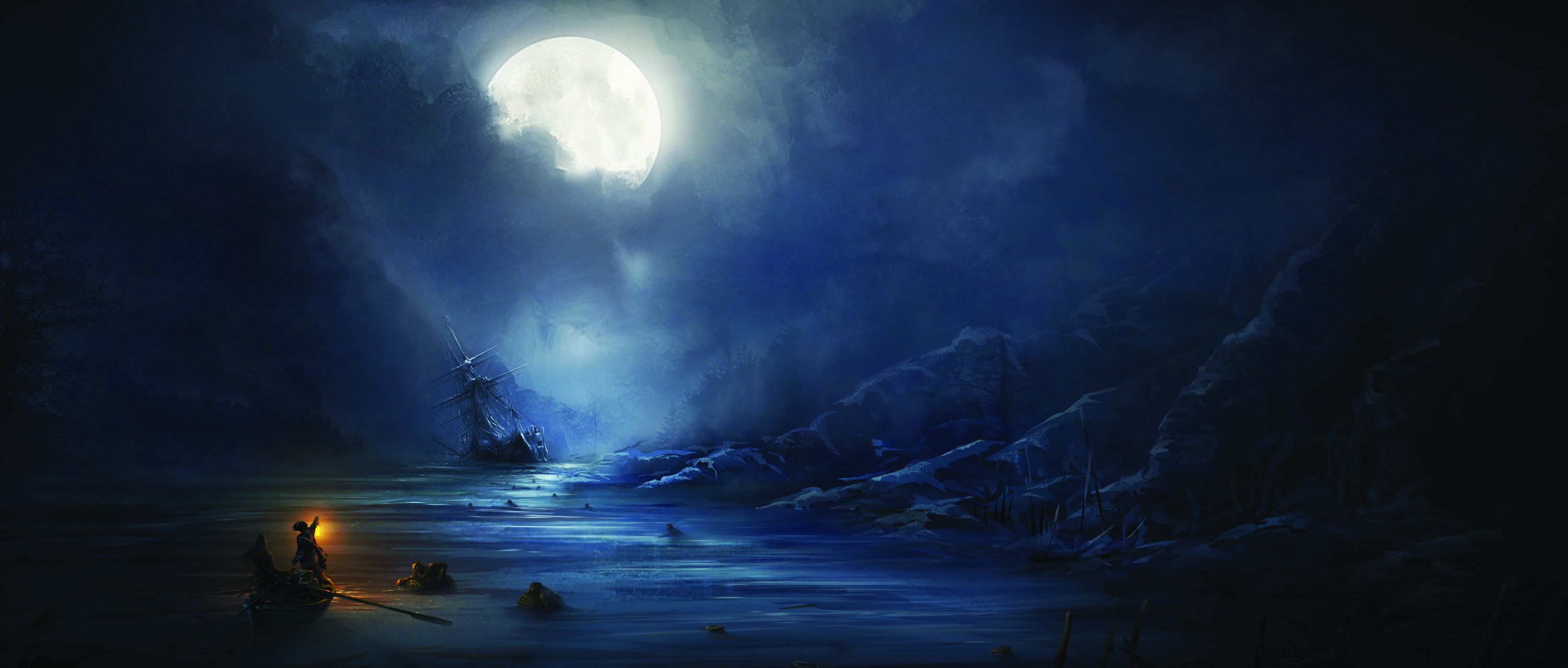 assassinand039s, Creed, 3, Sea, Night, Moon, Ship, People Wallpaper