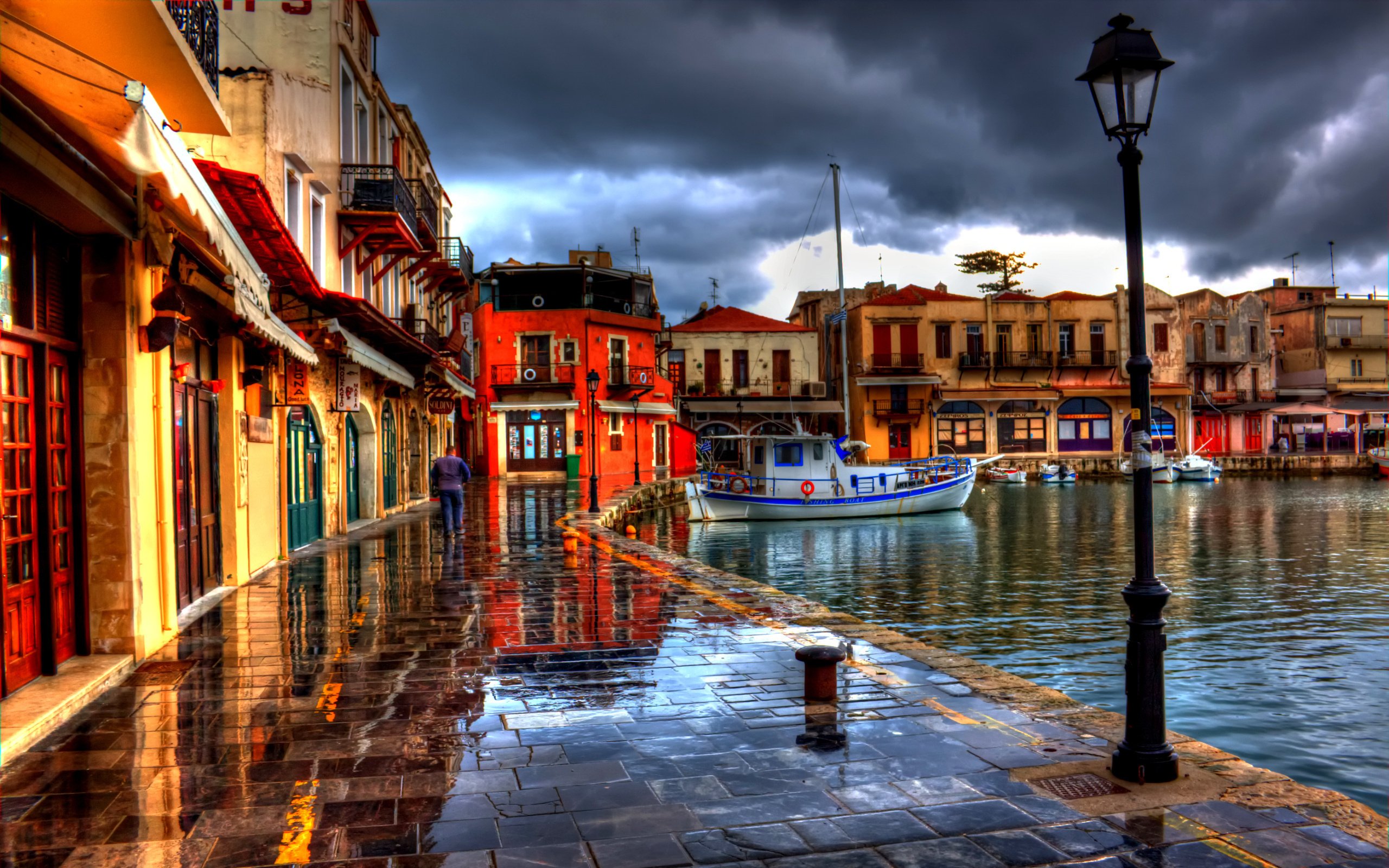 greece, The, Promenade, Buildings, Boats, Lights Wallpaper