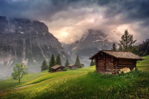 switzerland, Mountains, Clouds, Houses