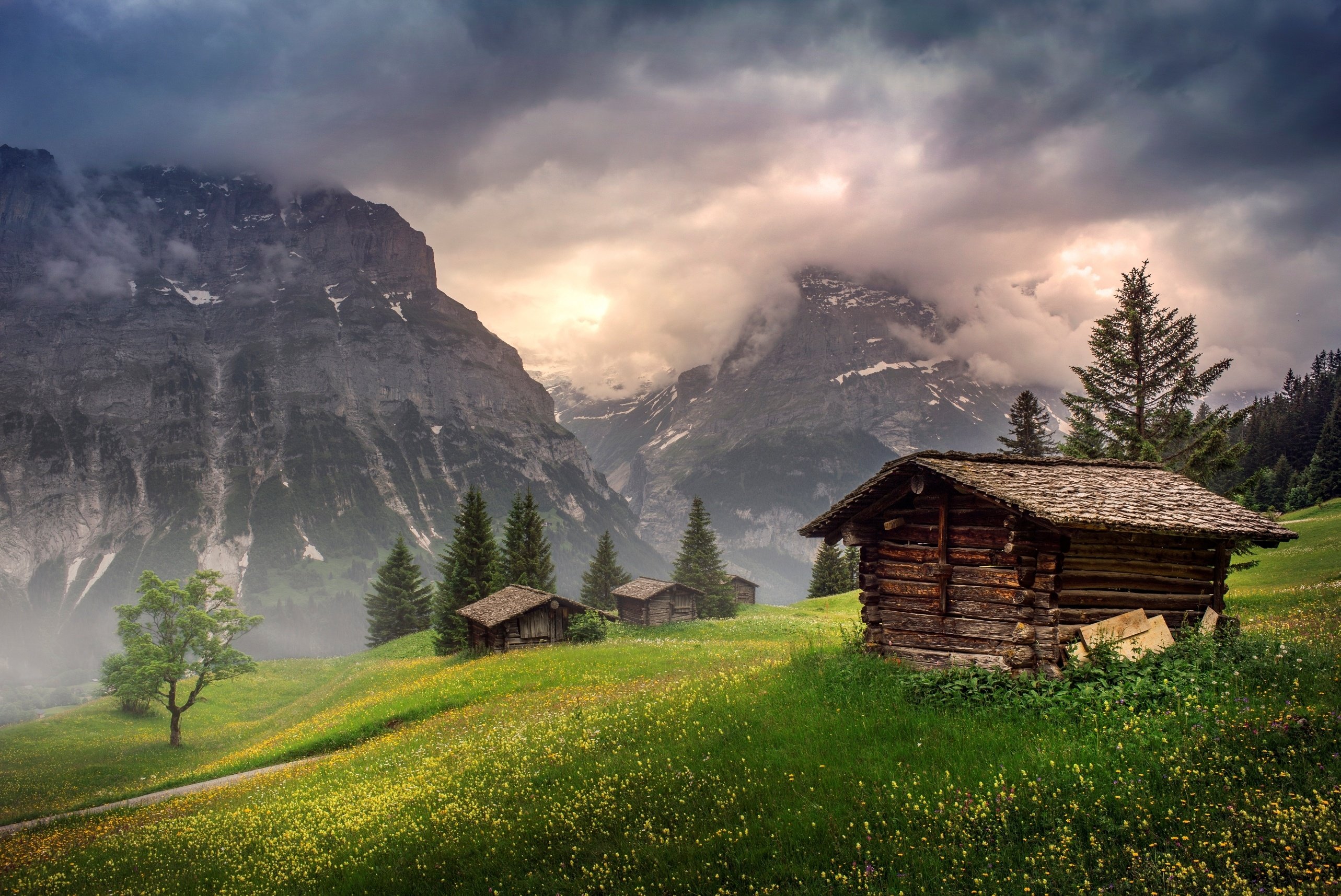 switzerland, Mountains, Clouds, Houses Wallpaper