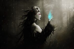 gothic, Dark, Fantasy, Art, Witch, Magic, Spell, Occult, Skull, Women, Females, Mood, Winter, Snow, Flakes, Drops, Trees, Forest, Woods, Spooky, Scary, Evil