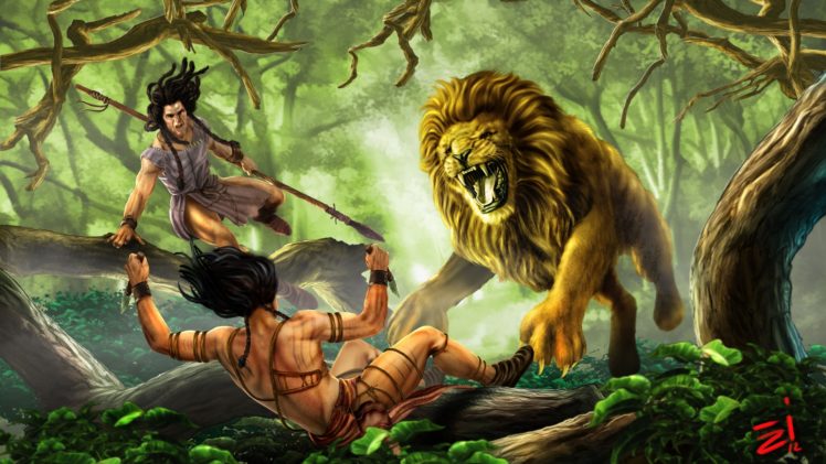 lion, Predator, Fantasy, Art, Trees, Jungles, Forest, Battle, Weapons, Warriors, Men, Males, Boy HD Wallpaper Desktop Background