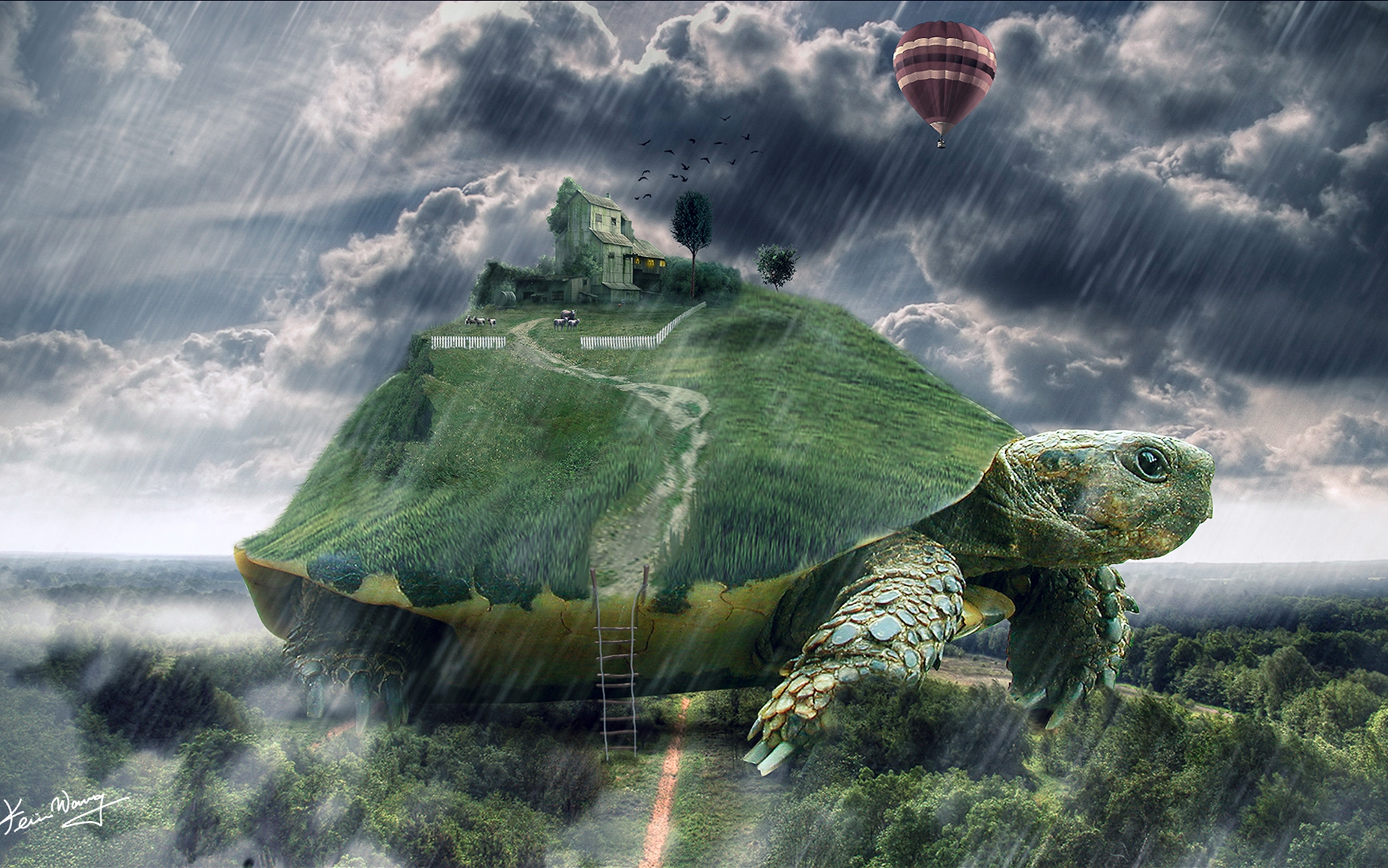 tortoise, Animals, Sheep, Turtle, Islands, Houses, Cg, Dugutal, Art, Fantasy, Landscapes, Rain, Storm, Drops Wallpaper