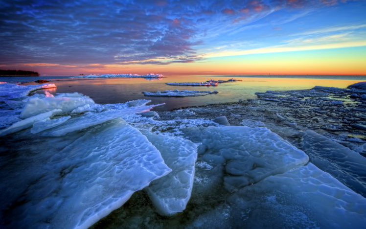ice, Frozen, Freeze, Winter, Ocean, Sea, Beaches, Sky, Sunset, Sunrise, Clouds, Nature, Landscapes HD Wallpaper Desktop Background