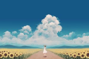 clouds, Dress, Flowers, Hat, Matsuki,  mikipingpong , Original, Scenic, Sky, Summer, Sunflower