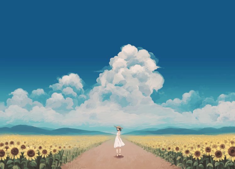clouds, Dress, Flowers, Hat, Matsuki,  mikipingpong , Original, Scenic, Sky, Summer, Sunflower HD Wallpaper Desktop Background
