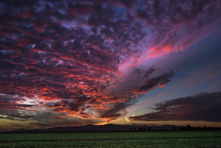 field, Evening, Sunset, Sky, Mountains HD Wallpaper Desktop Background