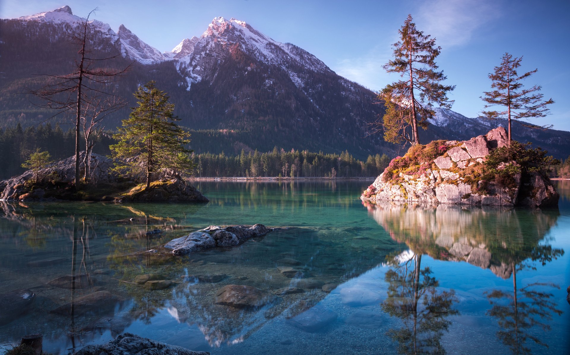 mountains, Reflection, Bavaria, Germany, Hintersee Wallpaper