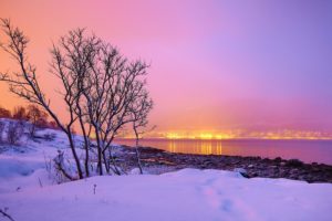 sunset, Winter, River, Town, Trees, Landscape, Norway