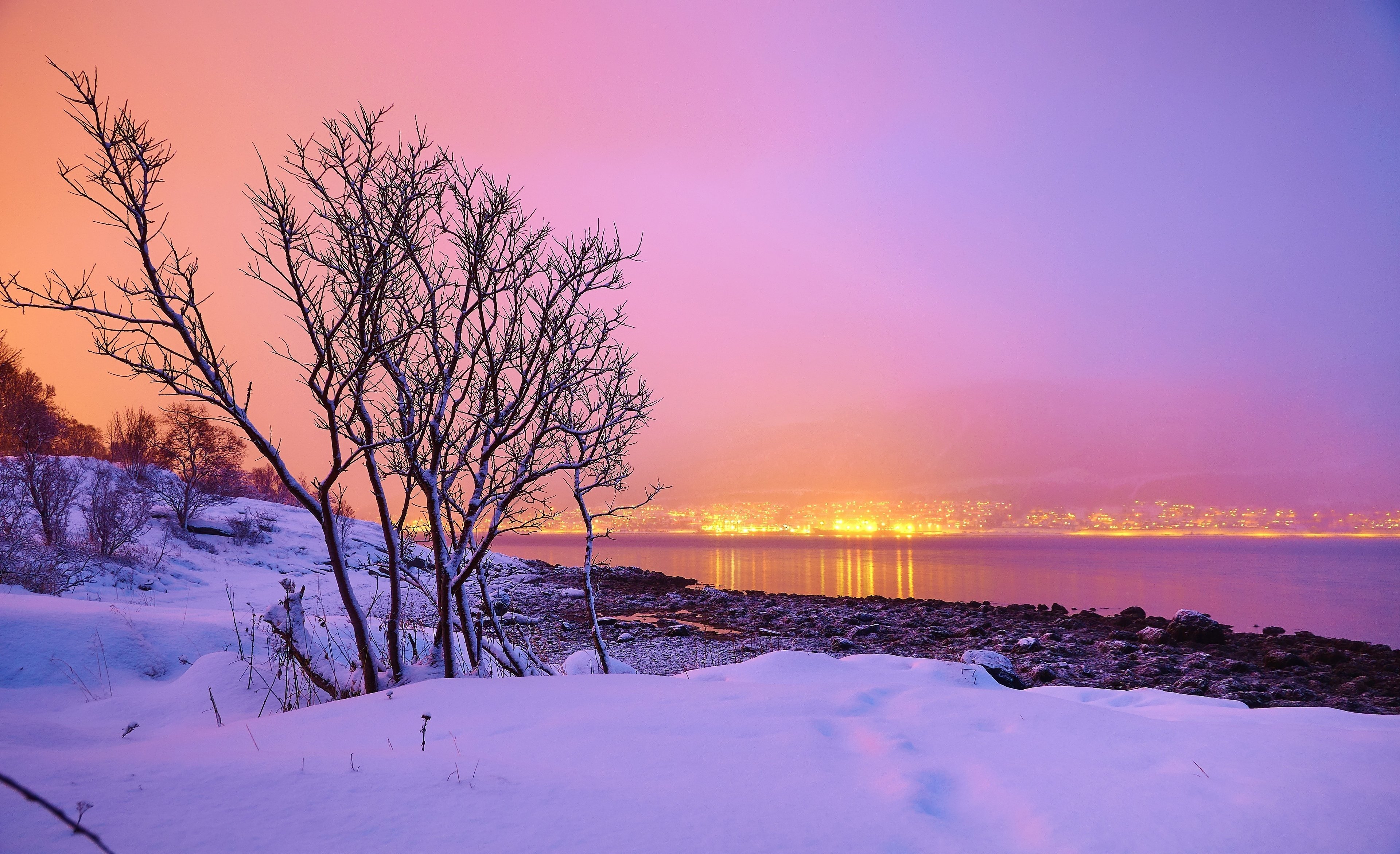 sunset, Winter, River, Town, Trees, Landscape, Norway Wallpaper