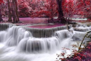 waterfall, River, Flow, Autumn, Purple