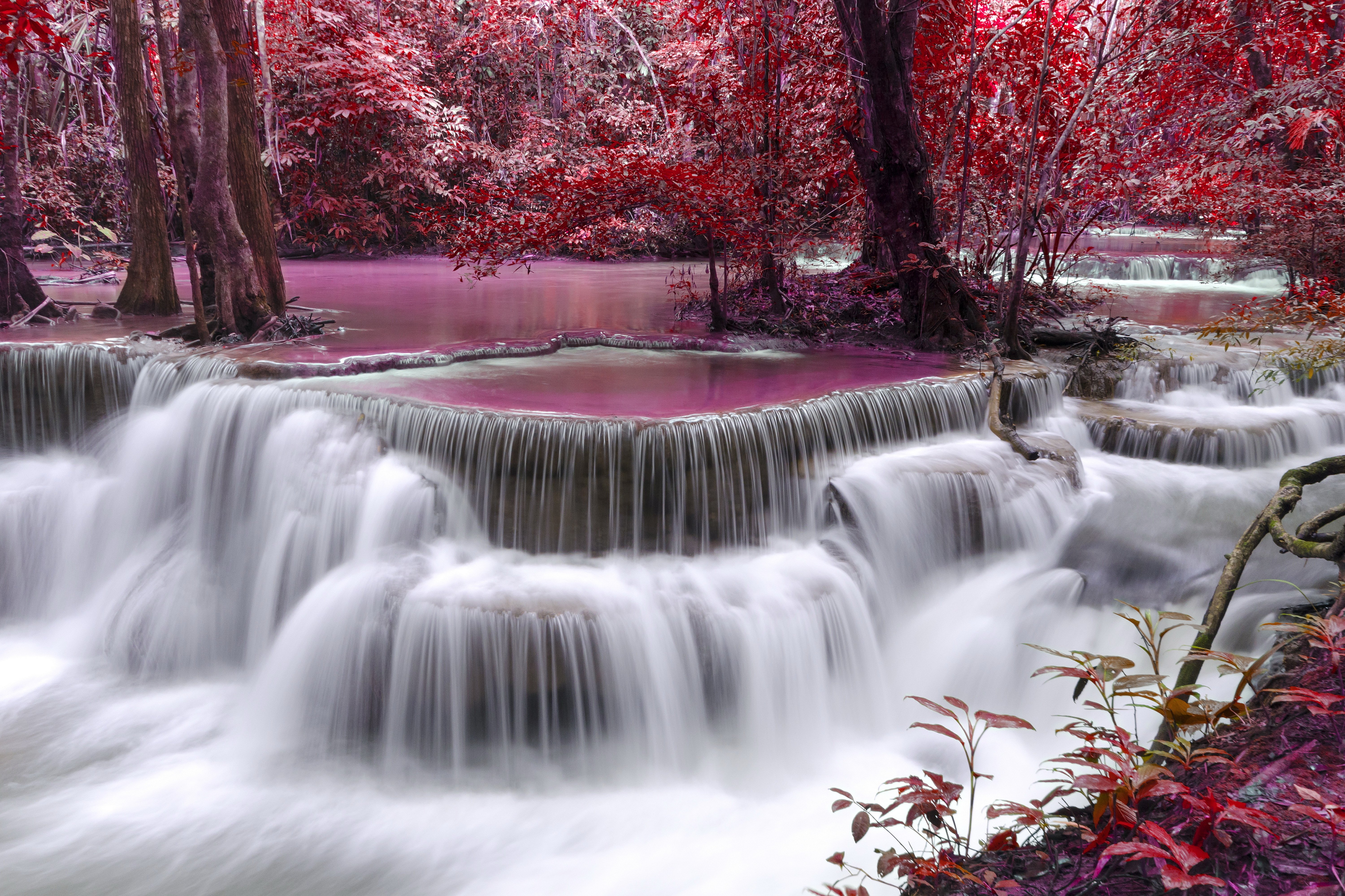 waterfall, River, Flow, Autumn, Purple Wallpaper